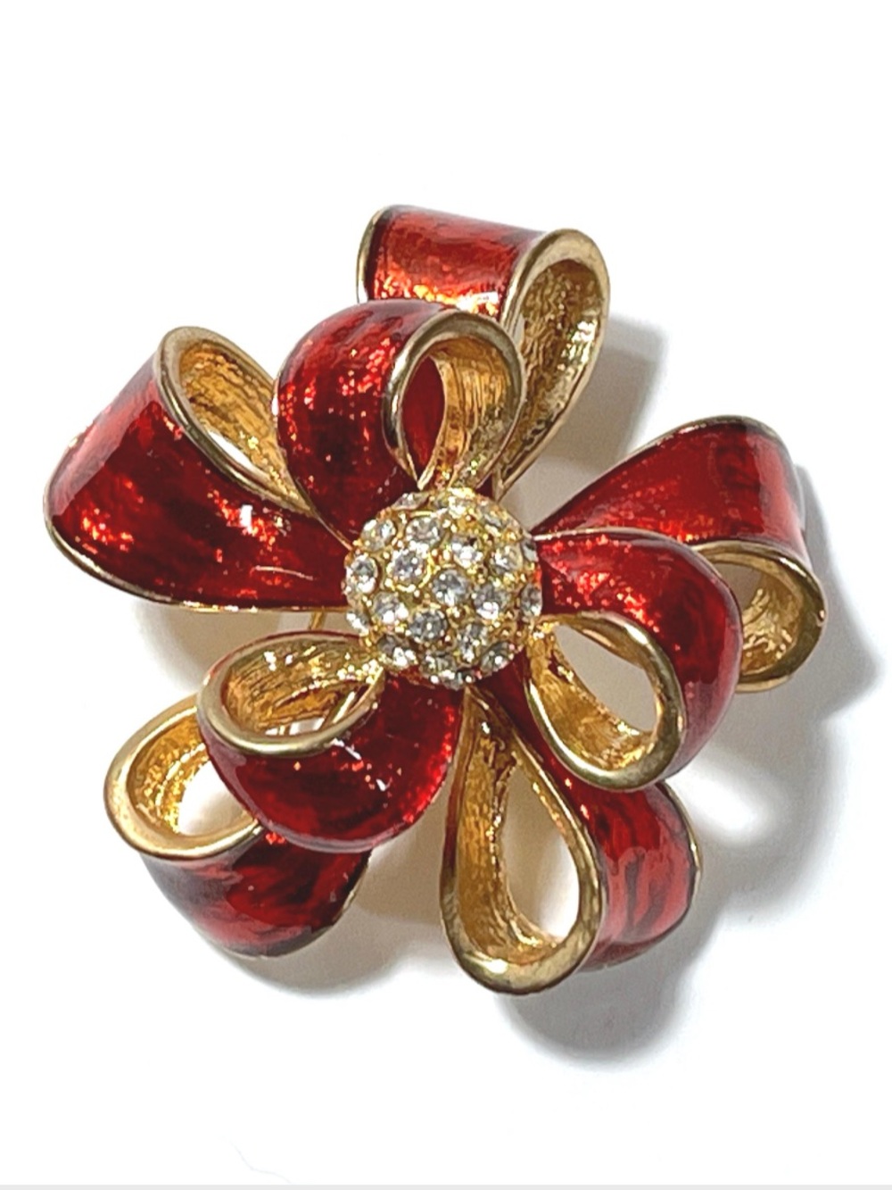 Vintage Kenneth Cole KC Gold Red Enamel Ribbon Bow Brooch